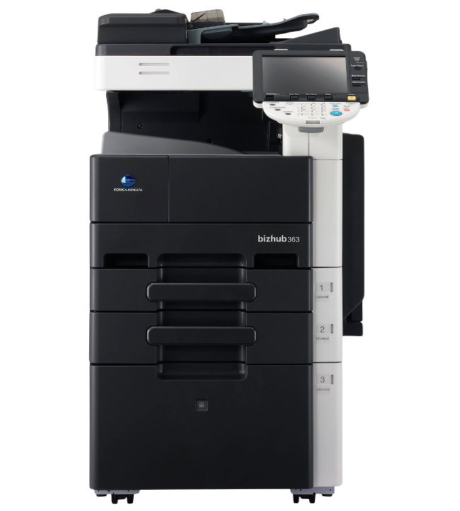 Kserokopiarka monochromatyczna Konica Minolta Bizhub 363. RADF, duplex, kolorowy skaner, toner, stolik. A4 do 28 str./min. A3 do 14 str./min.